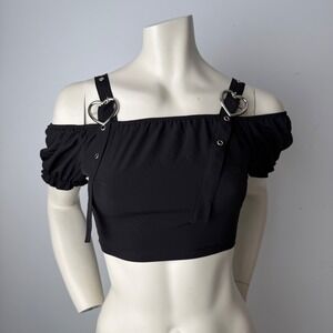 ROMWE Black Off Shoulder Puff Sleeve Heart Buckle Crop Top XS
